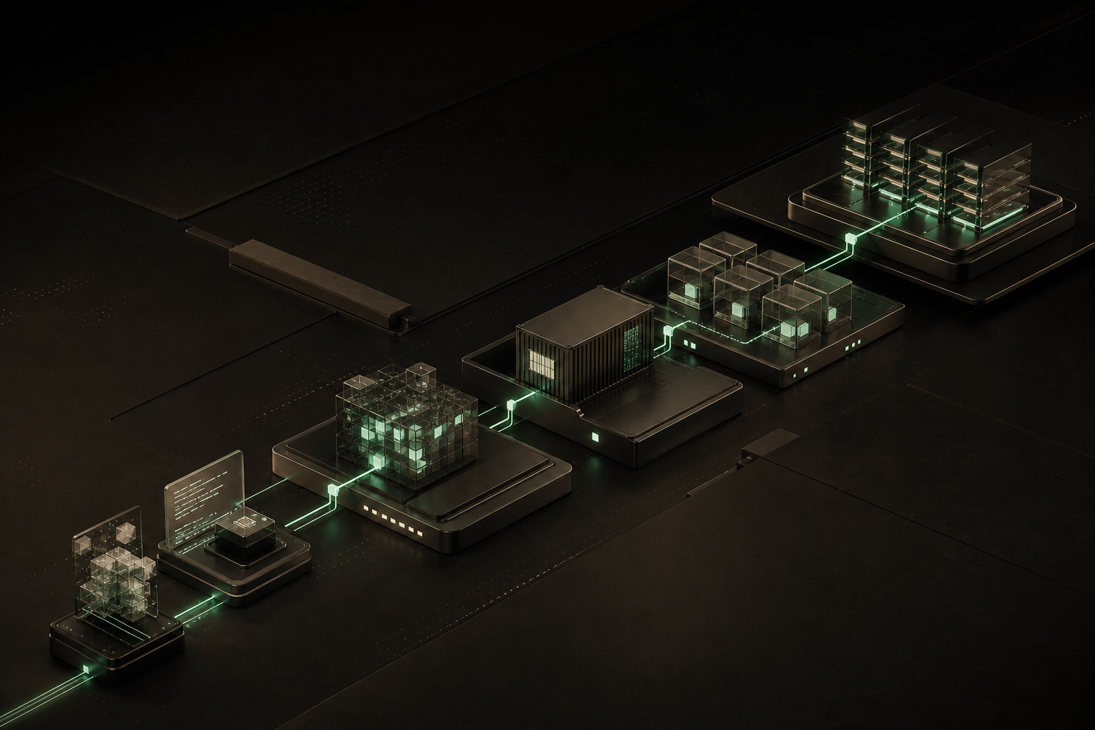 Abstract ScaleNodes deployment pipeline with connected production modules